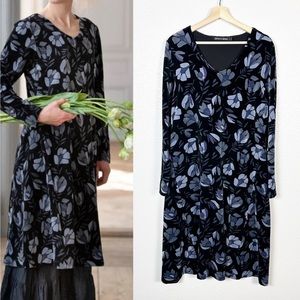 Gudrun Sjoden Women’s Blue Floral Print Velour Velvet Midi Dress Size Large